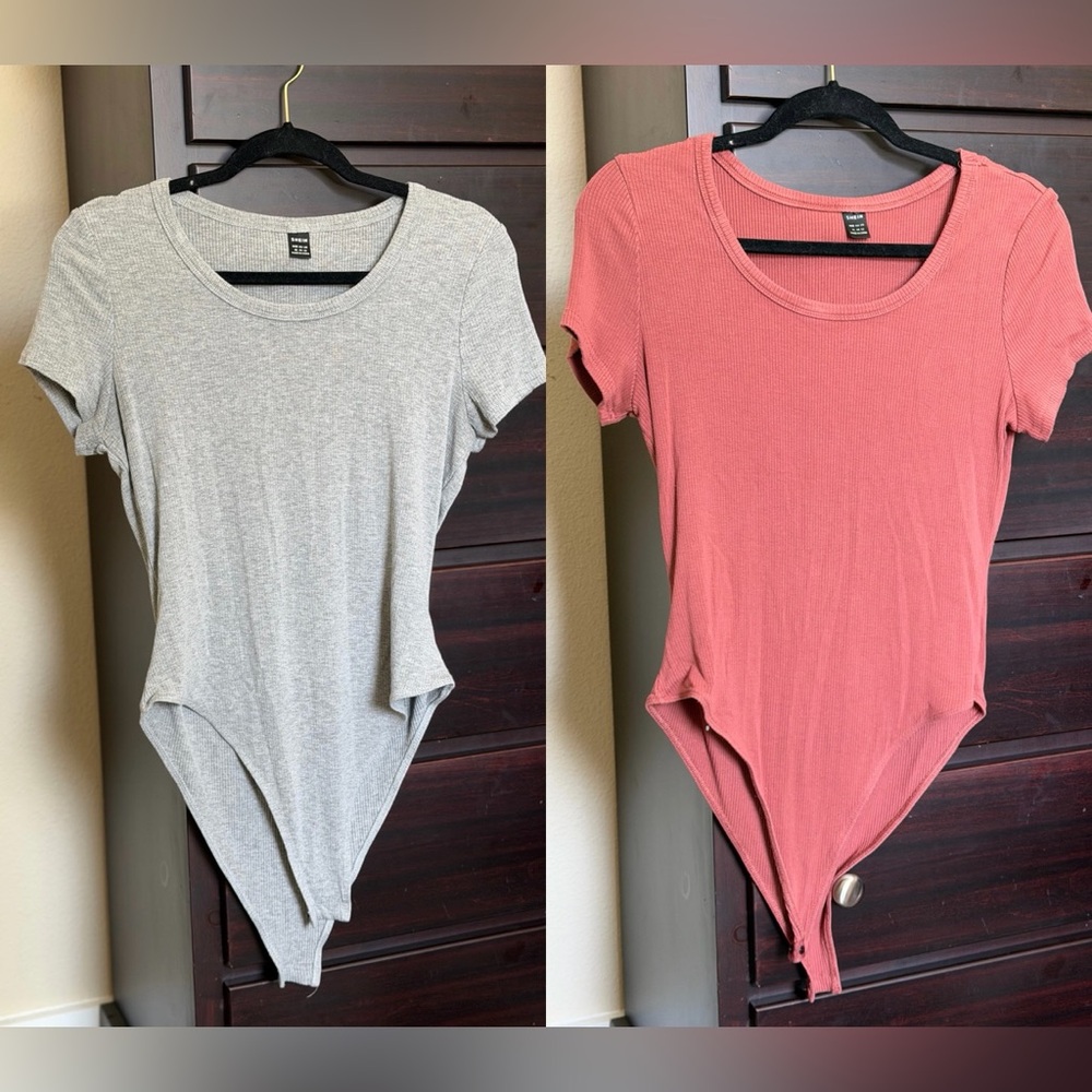 SHEIN Ribbed Short Sleeve Bodysuits in Gray and Dusty Rose